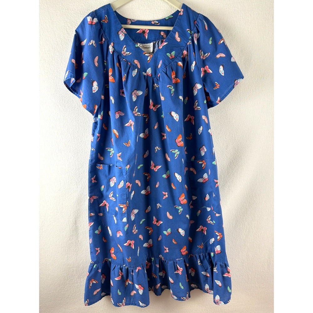 Easy Essentials Butterfly Housecoat Blue V-Neck Ruffle Hem Lounge Dress Petite M